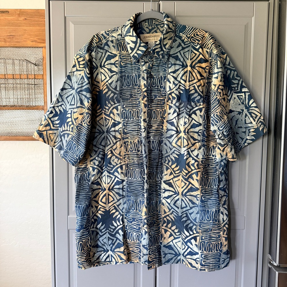 Johari West Batik Geometric Forest Hawaiian Button-Down SS Shirt, Blue Tan,XLT